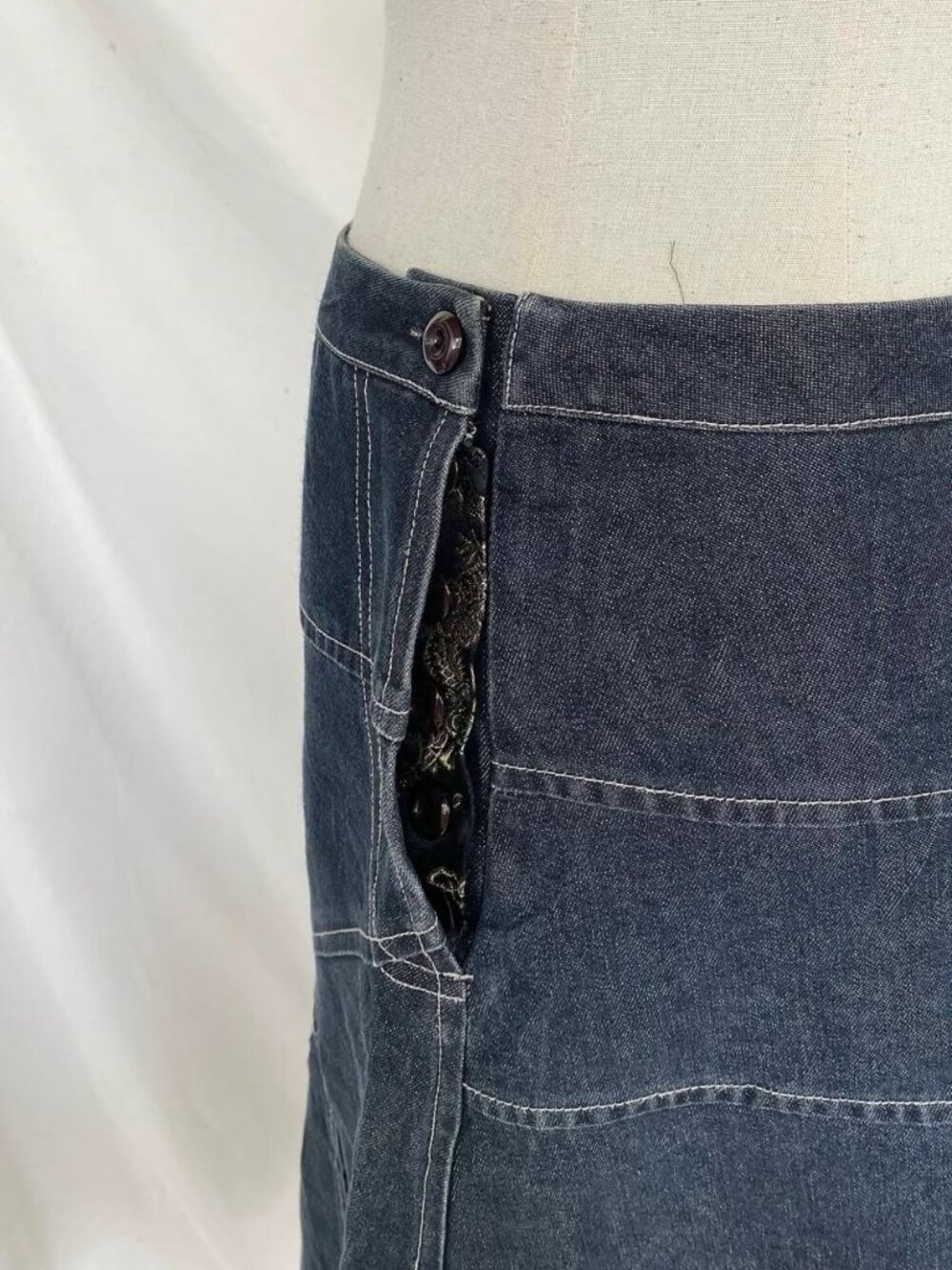 Y2K Dark Wash Denim Midi Skirt Asymmetrical Patchwork Panel A-Line Skirt - Picture 5 of 6